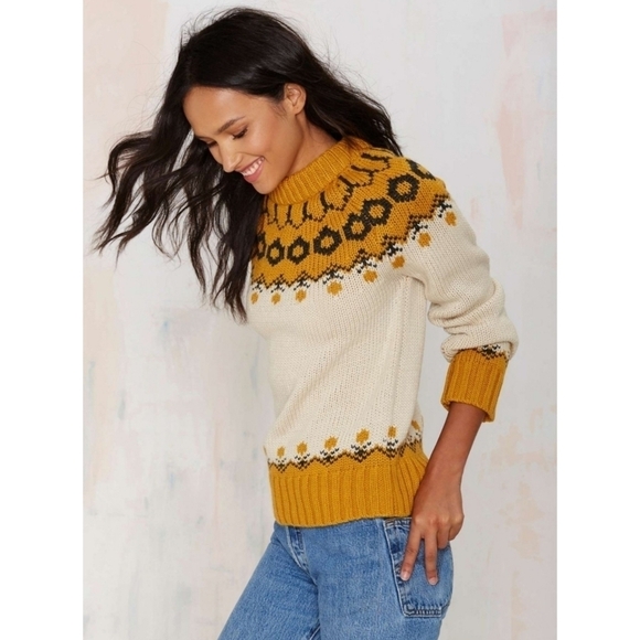 Nasty Gal J.O.A. Malia Mock Neck Sweater JOA Chunky Knit Fair Isle - Picture 4 of 16